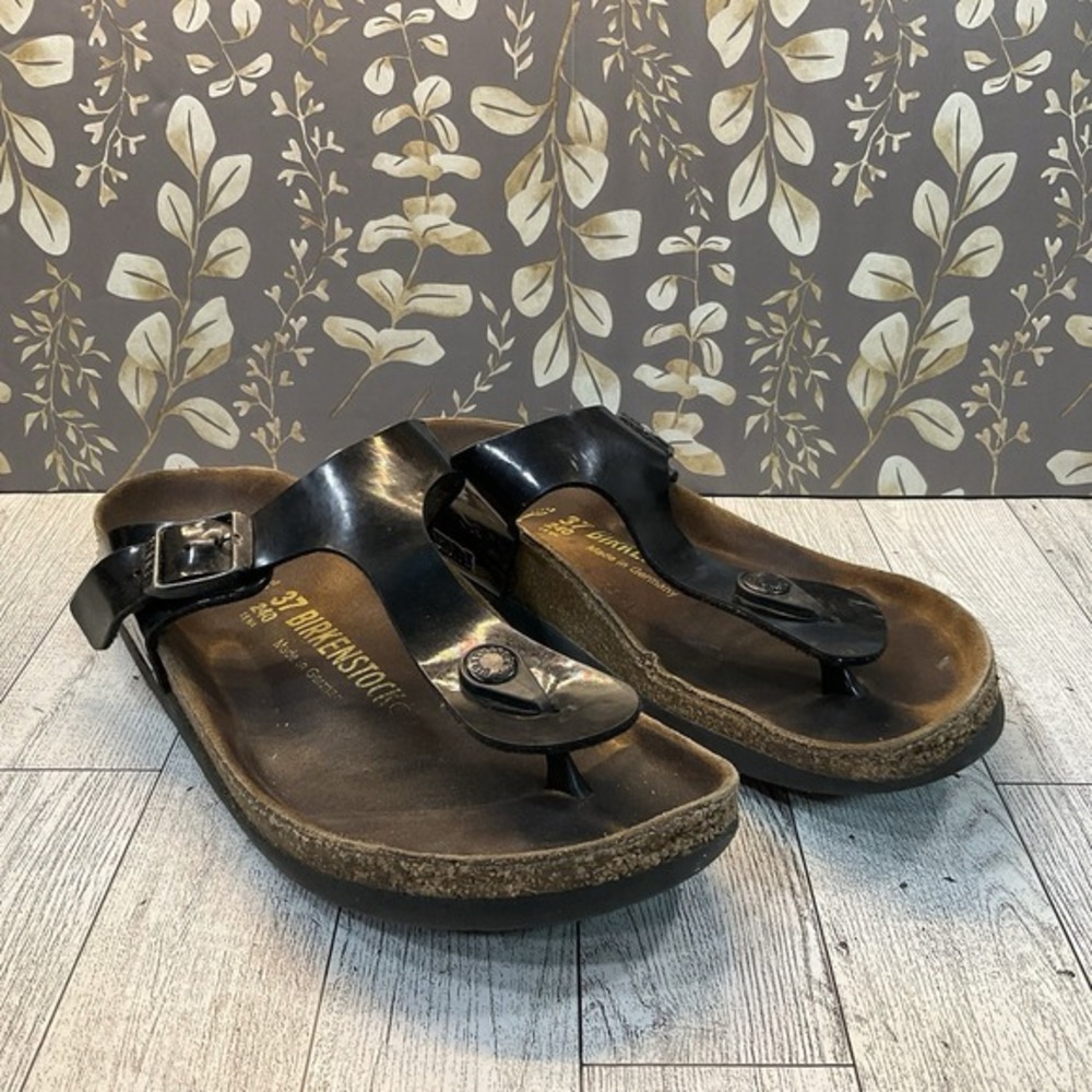 Birkenstock‎ Gizeh Black Patent Birko Flor Thong Sandals Size 37 US 6 Narrow